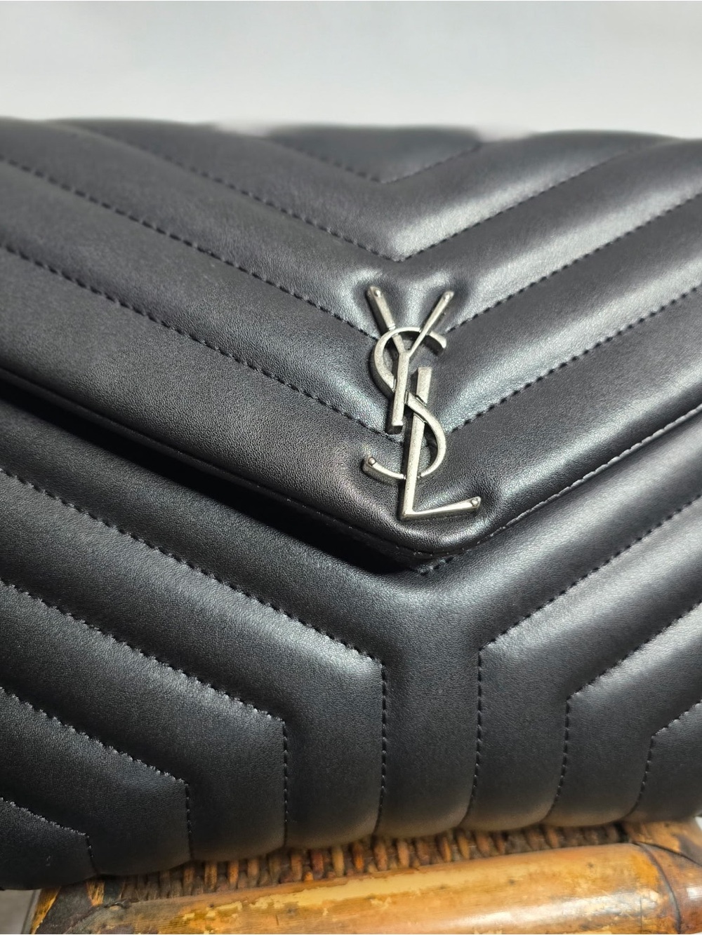 Saint Laurent Black Quilted Chevron Leather Wallet with Silver YSL Logo